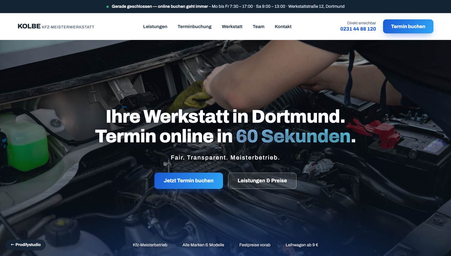KOLBE — Werkstatt-Website am Desktop