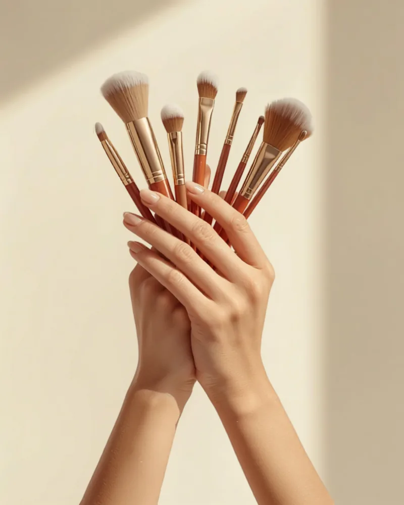 Hände einer Make-up-Artistin mit aufgefächerten Pinseln