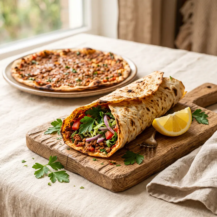 Lahmacun, gerollt mit Salat