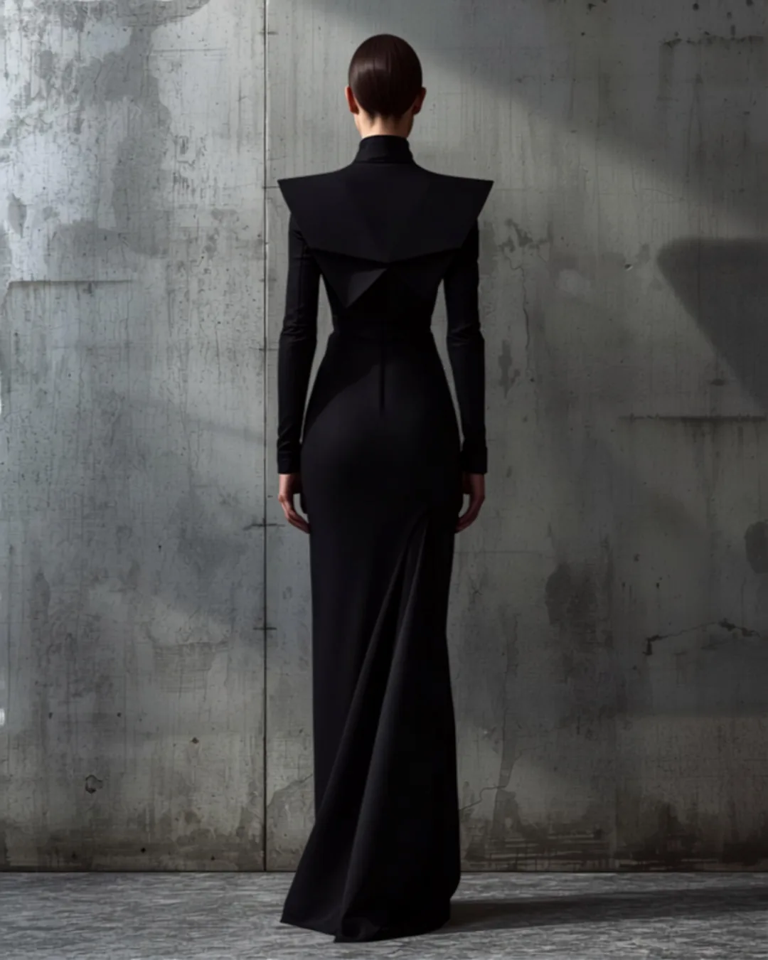Look 03: skulpturales Kleid mit harten Kanten