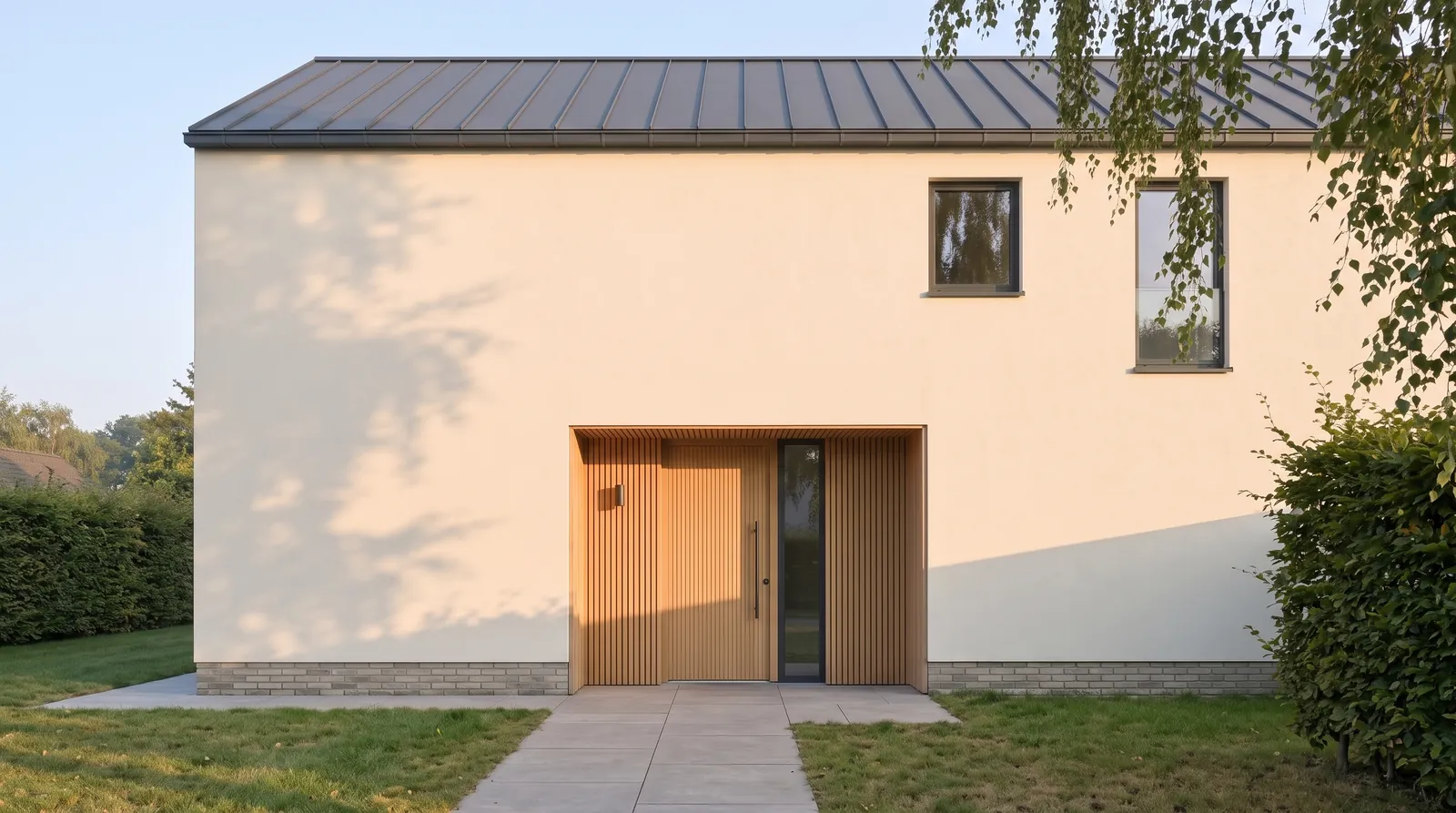 Die Eichentür des Haus am Hellweg in ihrer Nische, goldene Stunde