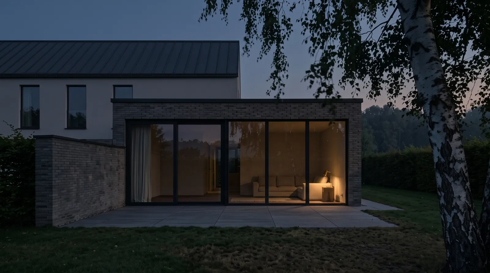 Das Haus bei Nacht, ein einziges warm erleuchtetes Glasfeld